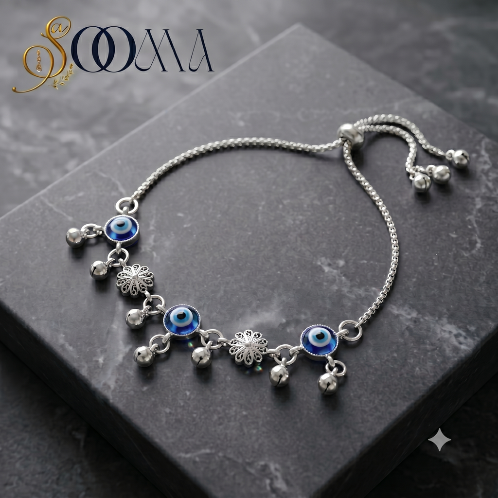 Designer Evil Eye Sliding Bead Anklet | Floral Silver Payal, AK00068