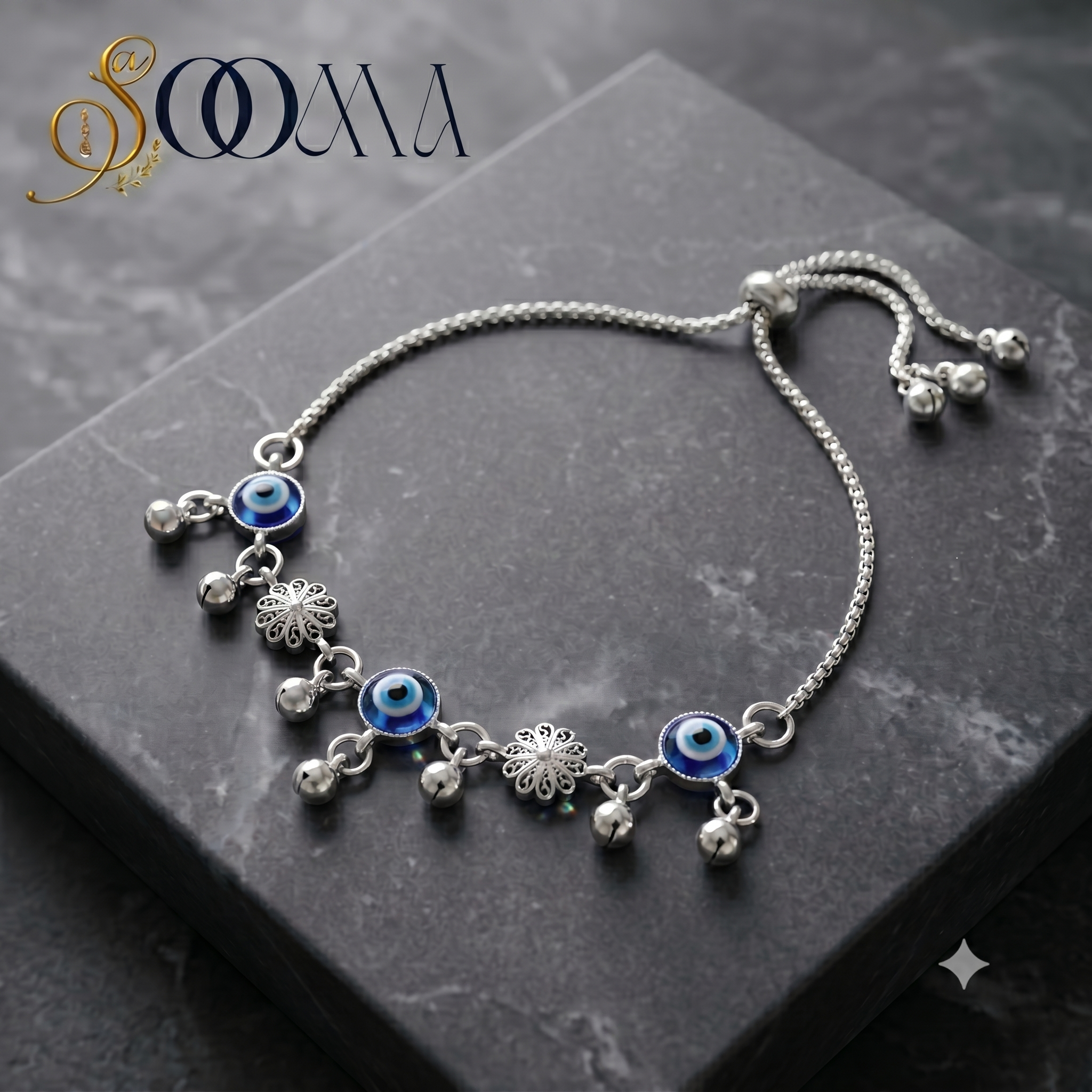 Designer Evil Eye Sliding Bead Anklet | Floral Silver Payal, AK00068