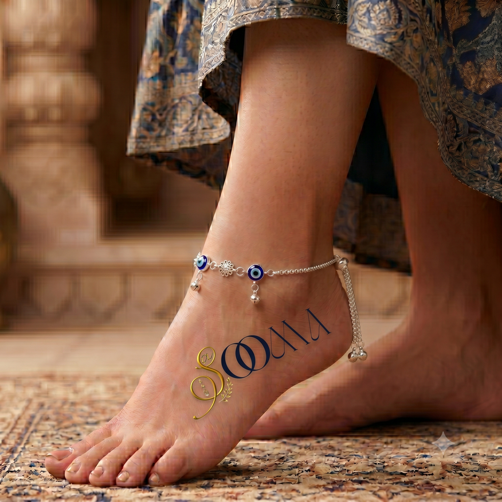 Designer Evil Eye Sliding Bead Anklet | Floral Silver Payal, AK00068