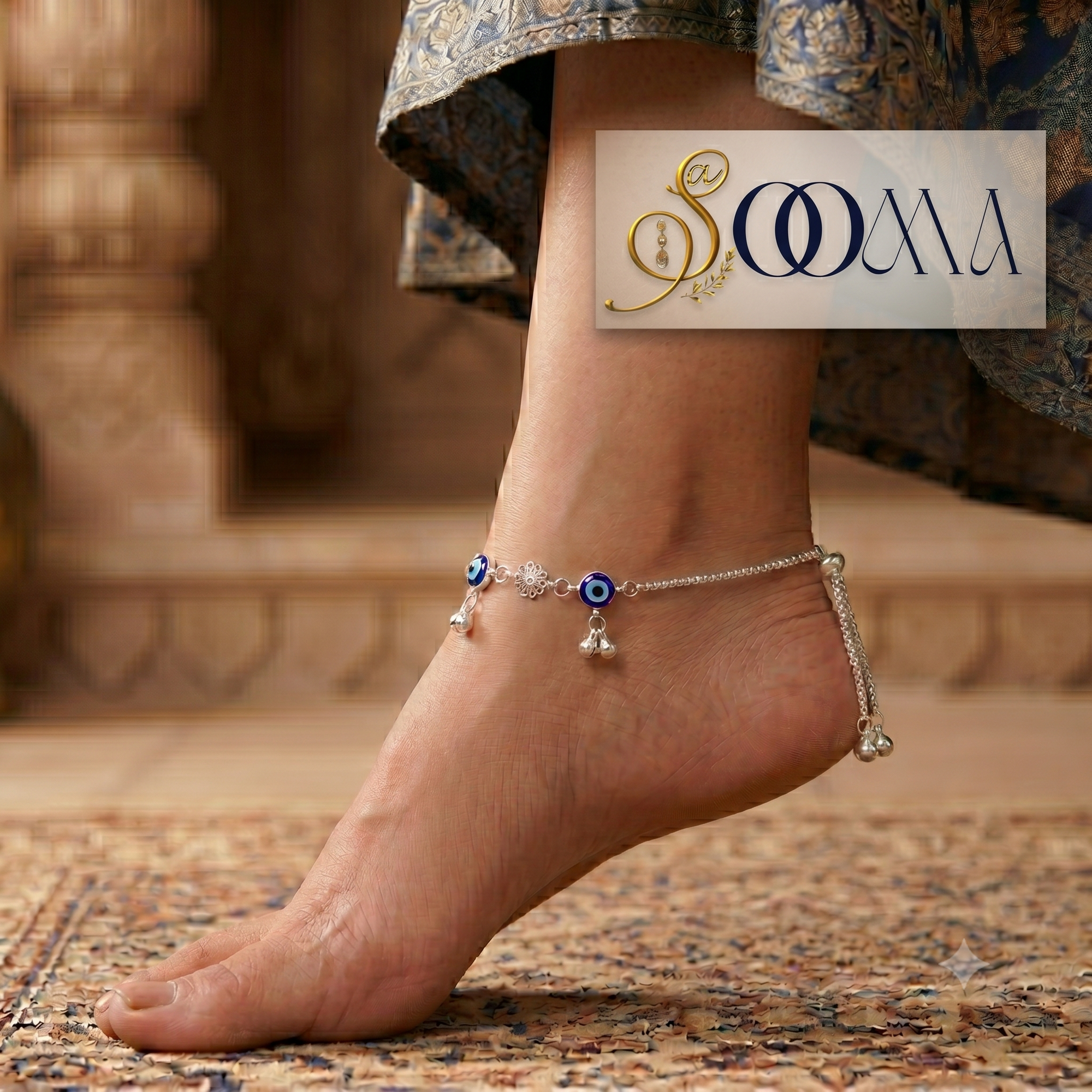 Designer Evil Eye Sliding Bead Anklet | Floral Silver Payal, AK00068