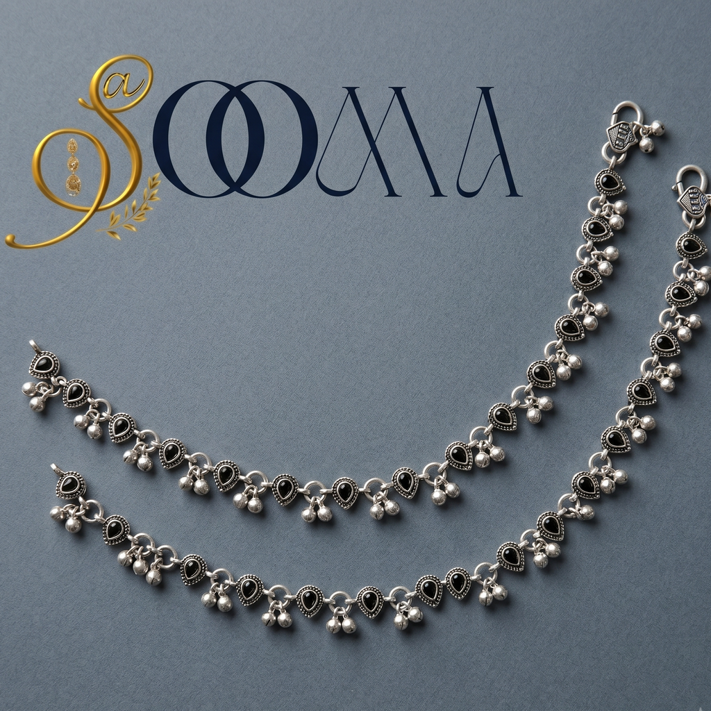 ankle bracelet with teardrop black stones and white pearl drops