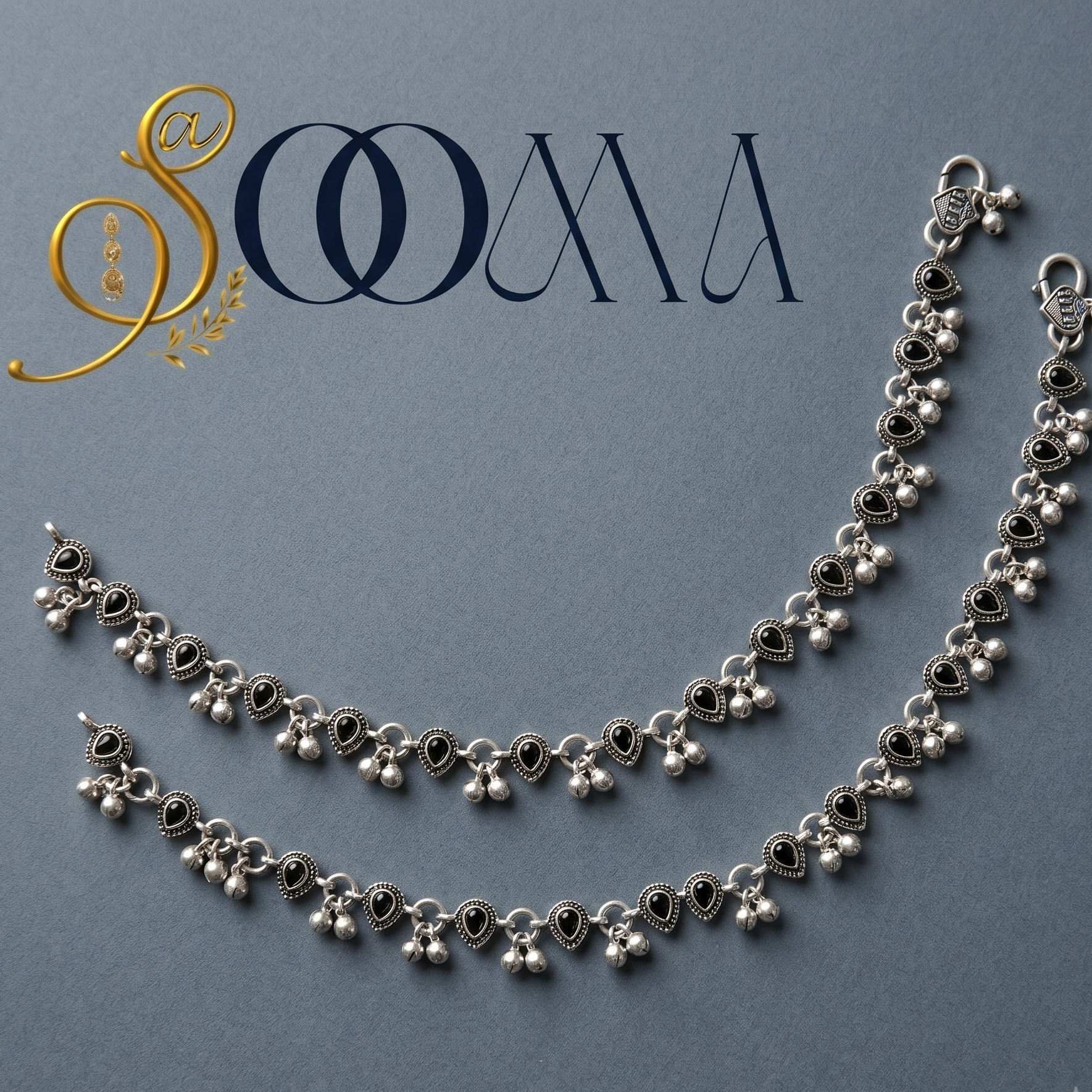 ankle bracelet with teardrop black stones and white pearl drops