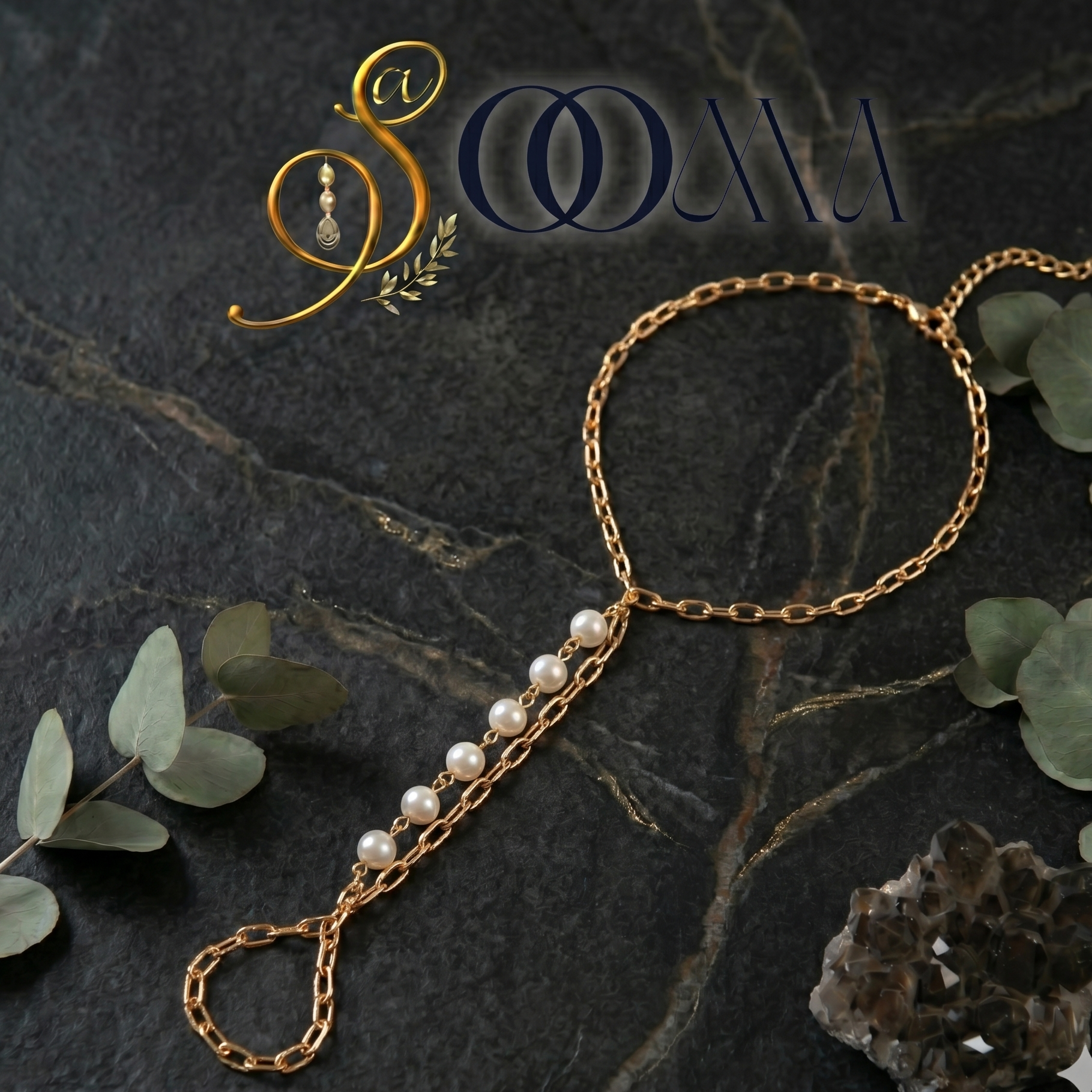 Minimalist attached toe ring payal with a strand of round white pearls close up