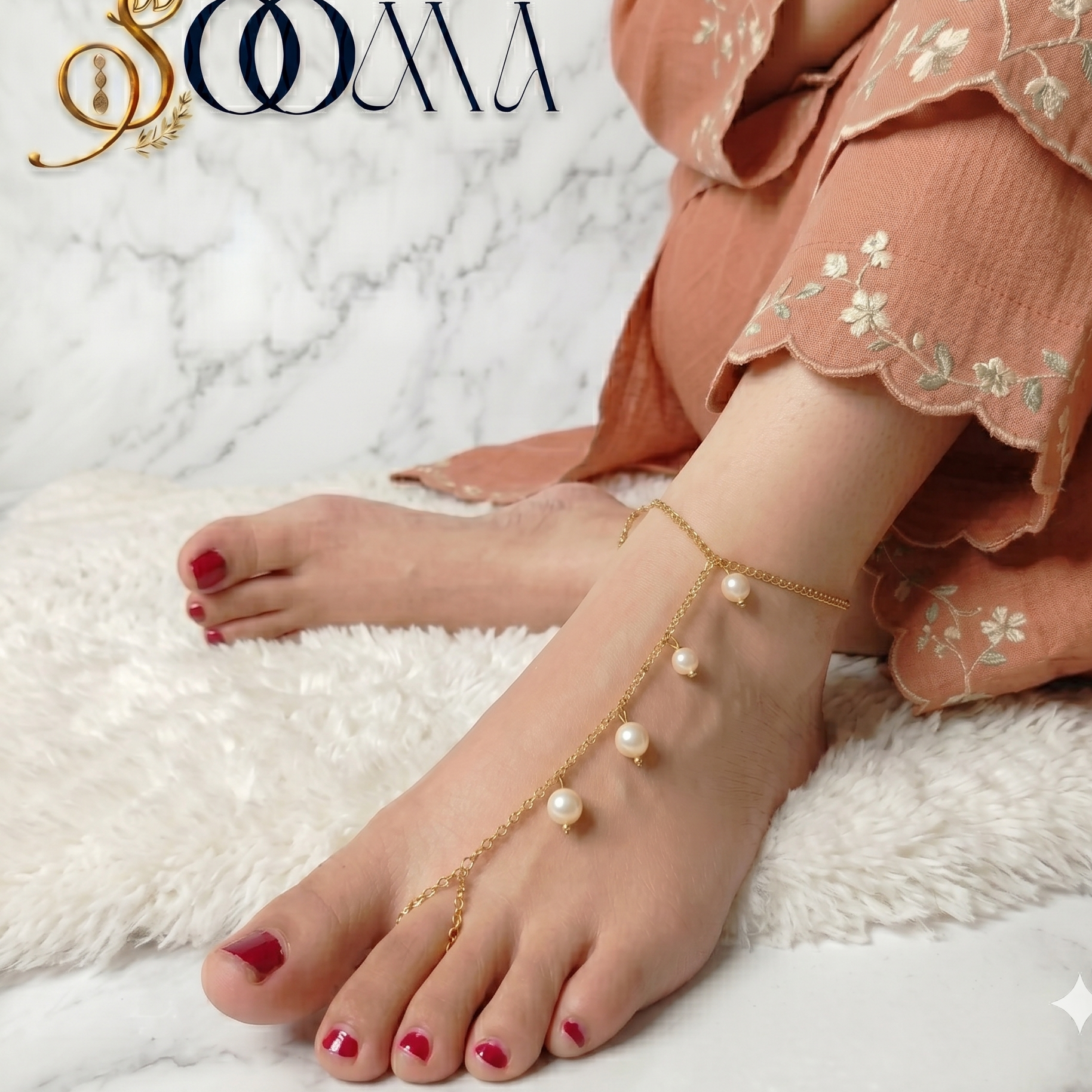 Delicate gold-toned toe ring anklet chain with hanging white pearls