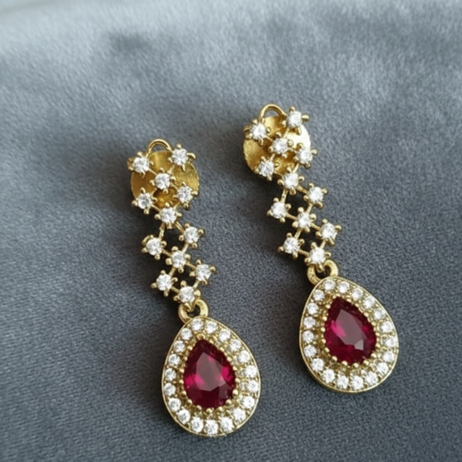 Elegant Red Ad Stone Partywear Drop Earrings for women, perfect for office or party.