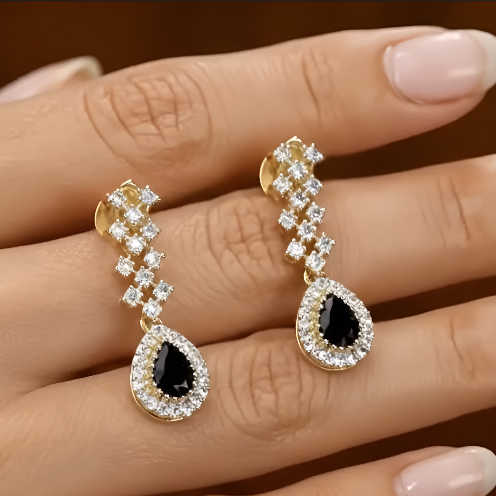 Elegant Black Ad Stone Partywear Drop Earrings for women, perfect for office or party.