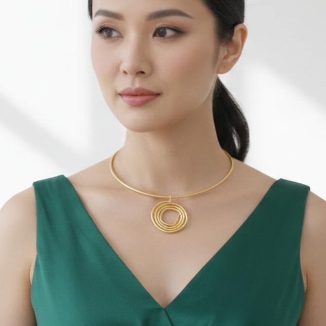 Woman wearing a green dress and elegant designer hasli necklace, perfect for every occasion.