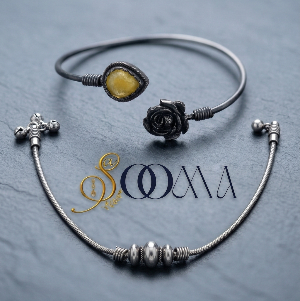 Rose Floral Anklet Kada Stacked with Snake Chain Metal Anklet