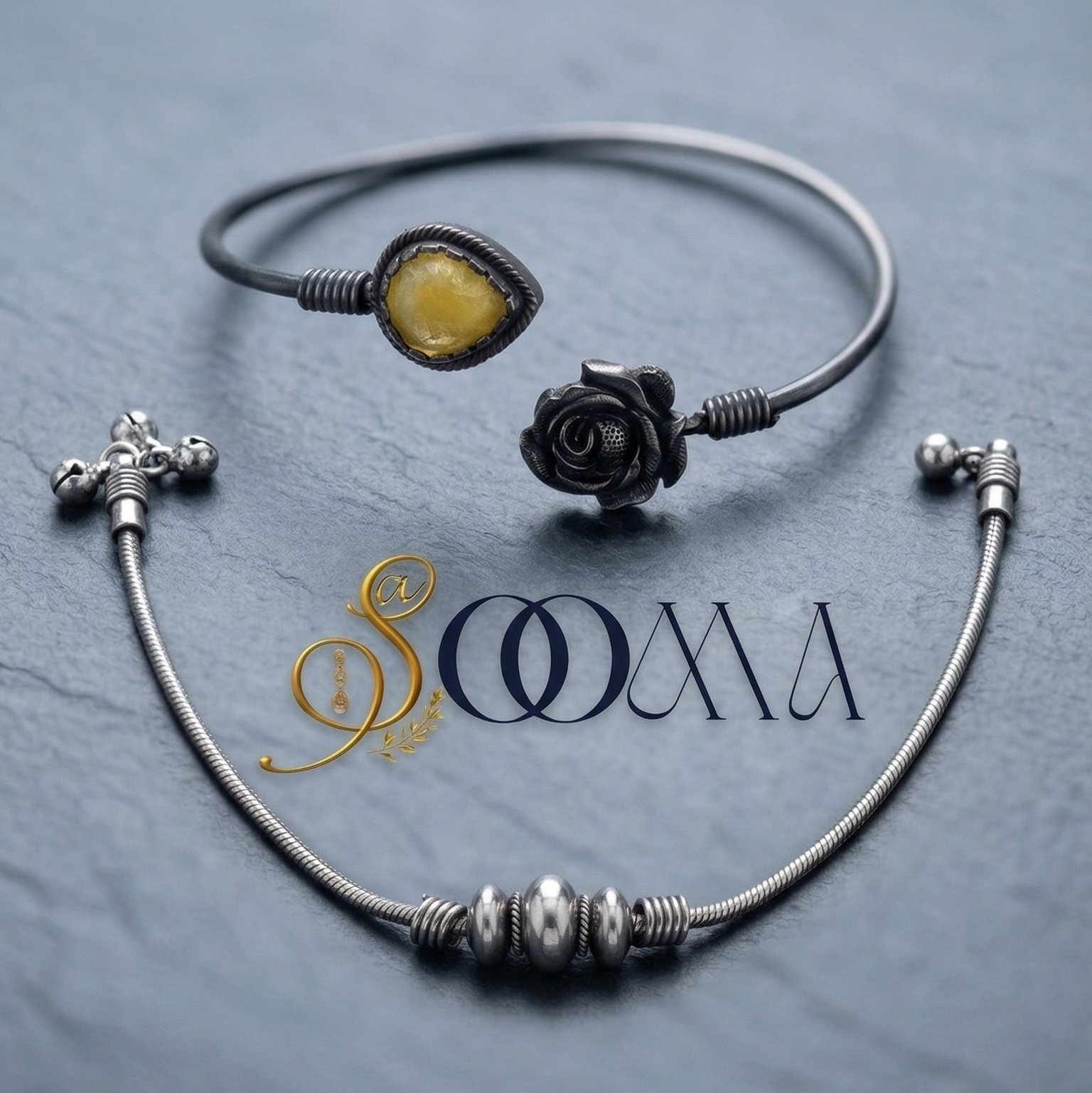 Rose Floral Anklet Kada Stacked with Snake Chain Metal Anklet