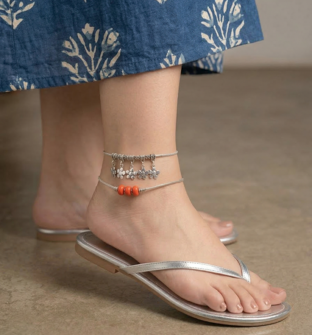 Layered Charm Anklet Stack | Adjustable Office Payal, AS 6 Red