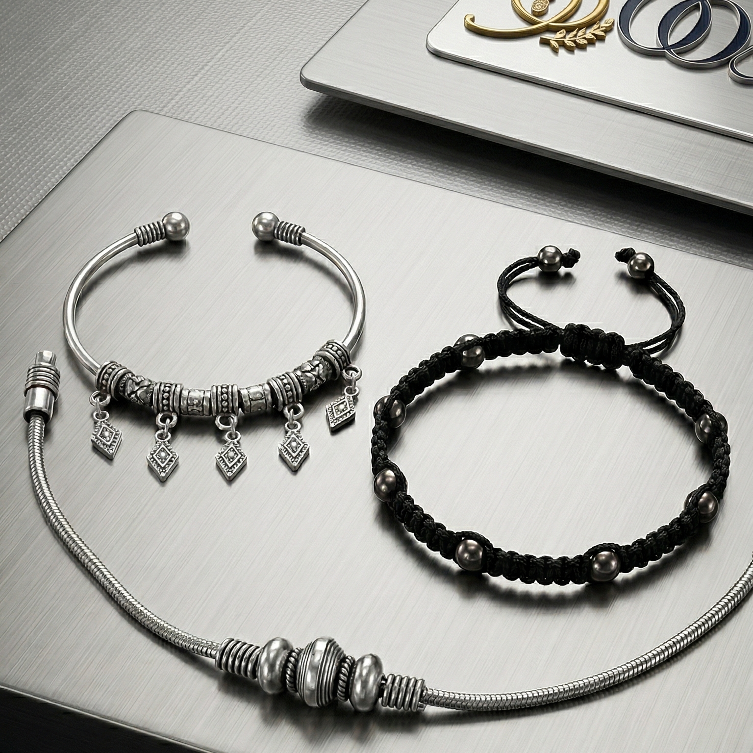 Elegant anklet stack featuring layered designs and a polished finish, perfect for office wear, on a textured surface with a sooma logo in the background.