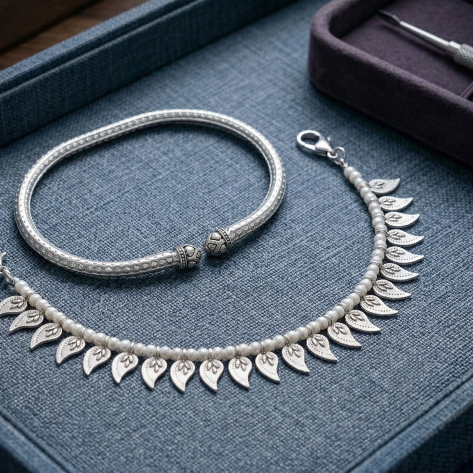 Silver Charm Anklet Stack | Adjustable Layered Payal, Set 8