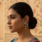 Woman wearing statement oxidized stone earrings showcasing intricate stone setting and antique finish.