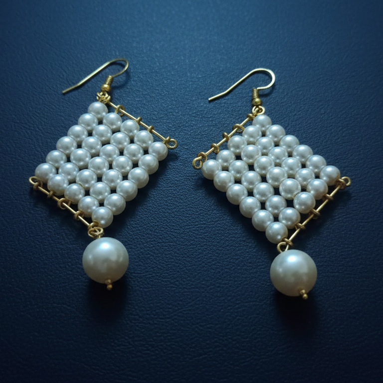 Pair of pearl earrings on a dark blue background