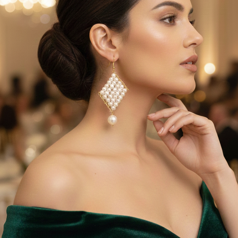 Woman wearing a pair of pearl earrings with a blurred background