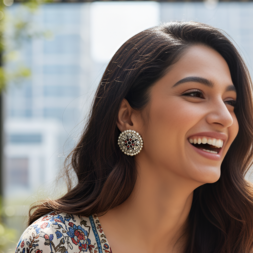 Woman with long dark hair wearing Oversized Oxidized Silver Stud Earrings