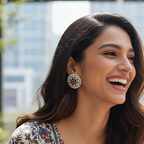 Woman with long dark hair wearing Oversized Oxidized Silver Stud Earrings