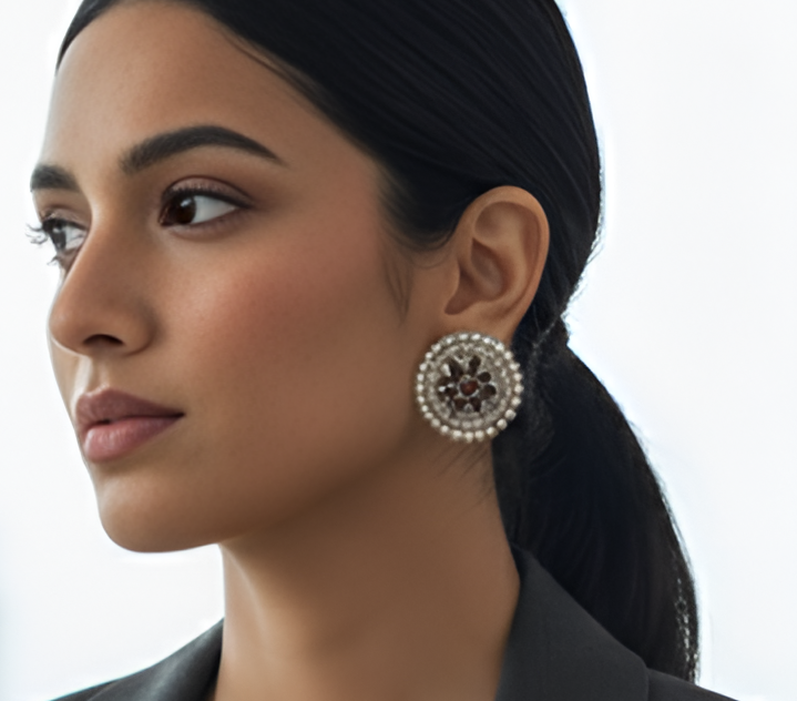 Woman wearing a Beaded Oversized Oxidized Silver Stud Earrings