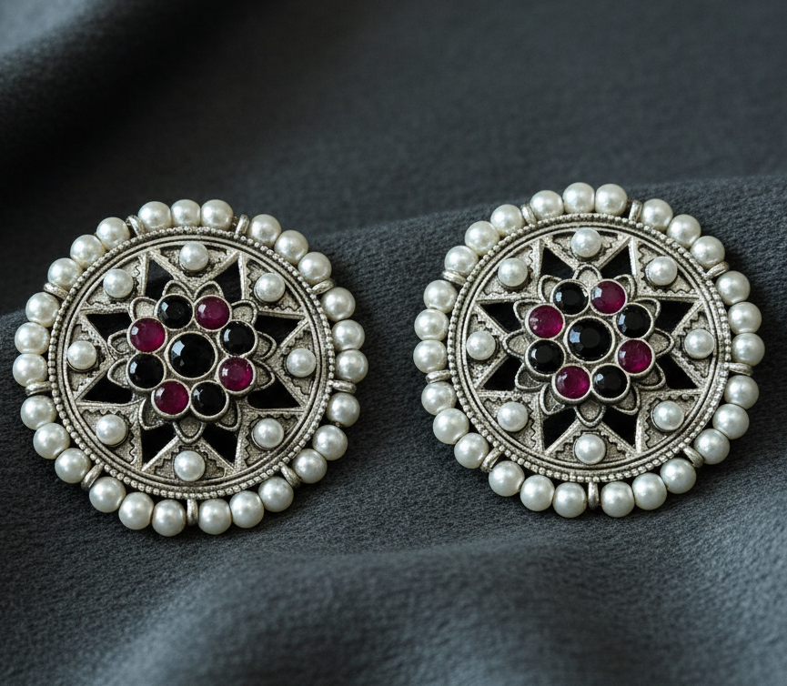 Pair of silver earrings with pearl and gemstone accents on a dark fabric background