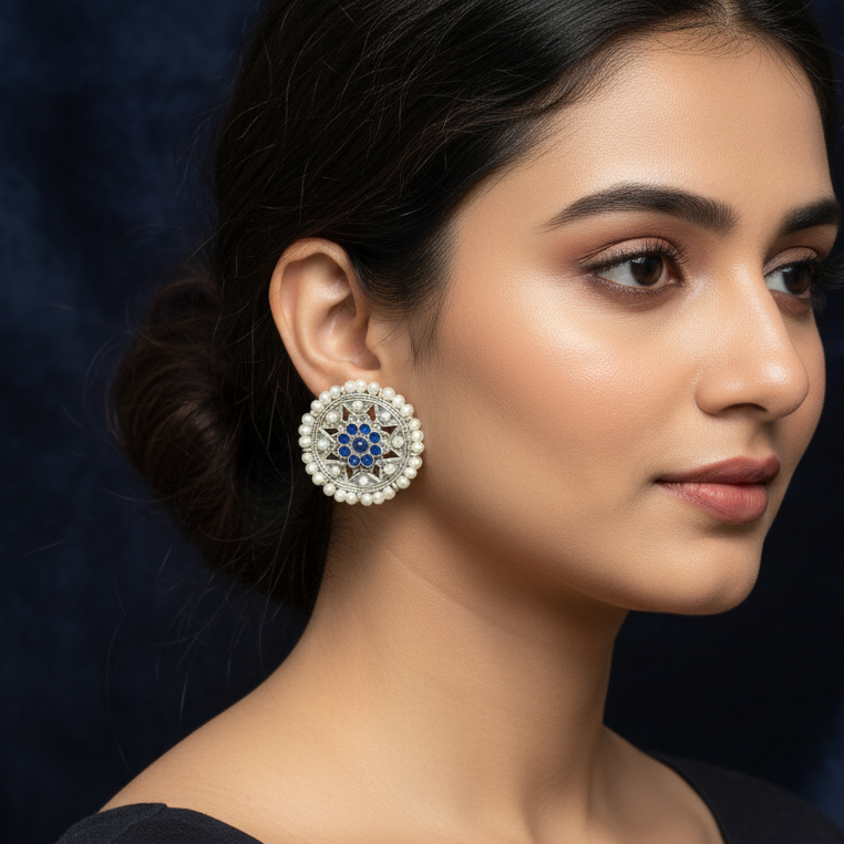 Woman wearing a Beaded & Kundan Oversized Oxidized Silver Stud Earrings