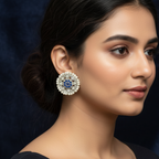 Woman wearing a Beaded & Kundan Oversized Oxidized Silver Stud Earrings