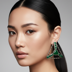 Woman wearing Oversized Triangle Stone Stud Earrings , showcasing their size and design.