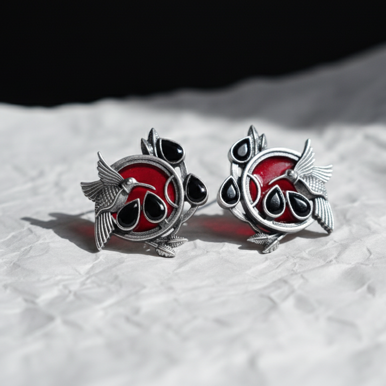 Multicolor Stone Oxidized Silver Bird Earrings on a white background