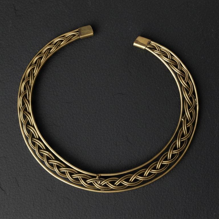 Elegant braided brass hasli necklace, perfect statement officewear for modern Indian woman.