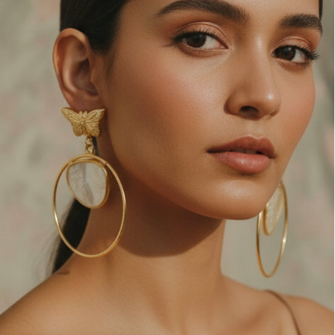 Close-up of a woman wearing Natural stone arrow earrings with unique gold design .