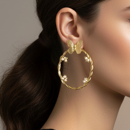 Woman wearing double circle Beaded Minimal Gold Earrings