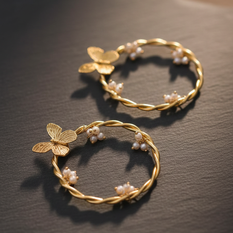 Double Circle Beaded Minimal Gold Earrings
