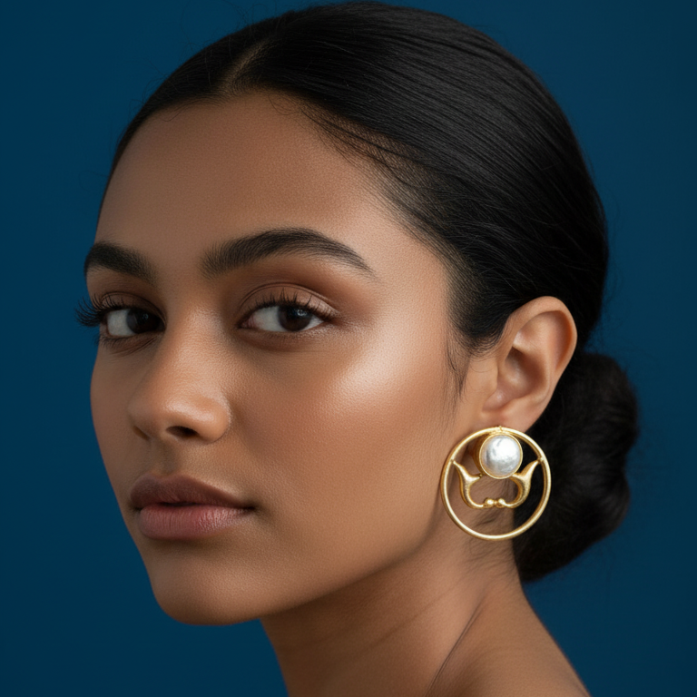 Woman wearing elegant gold-plated circle stone artificial earrings .