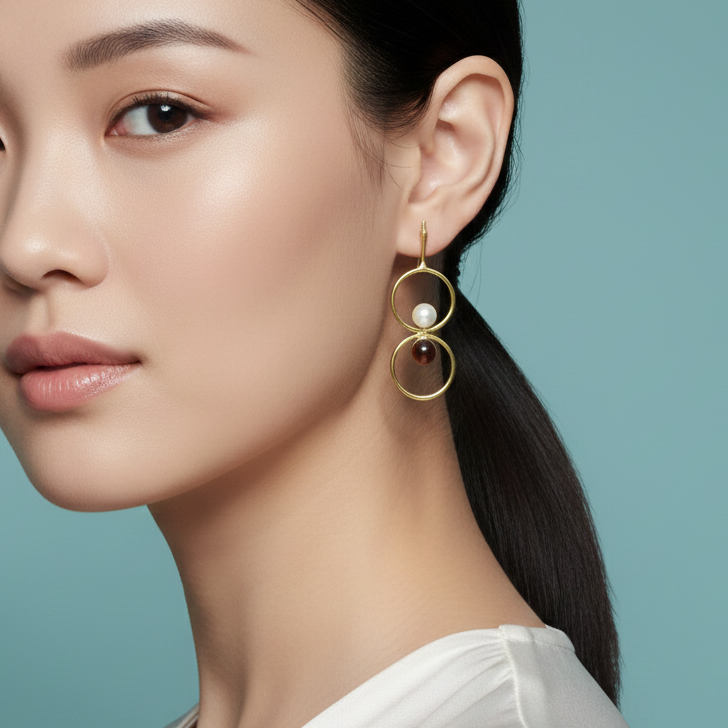 Woman wearing gold-plated circle stone artificial earrings.