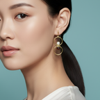 Woman wearing gold-plated circle stone artificial earrings.