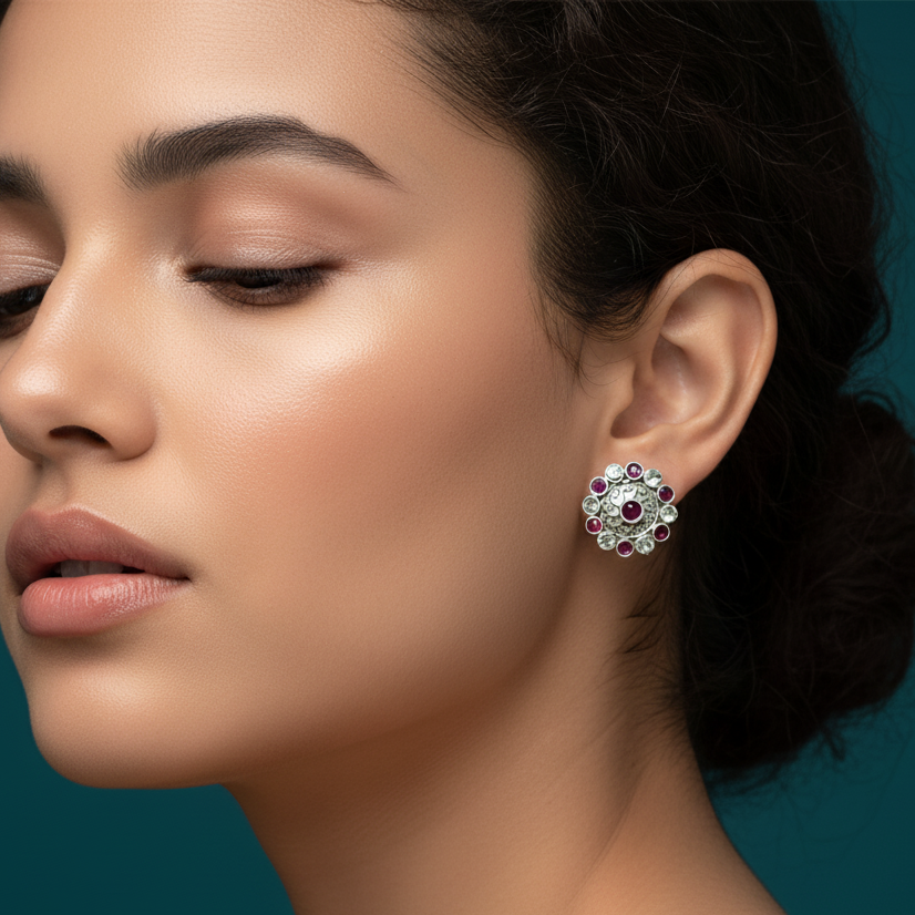 Close-up of a woman wearing multicolor oxidized silver Kundan stud earrings