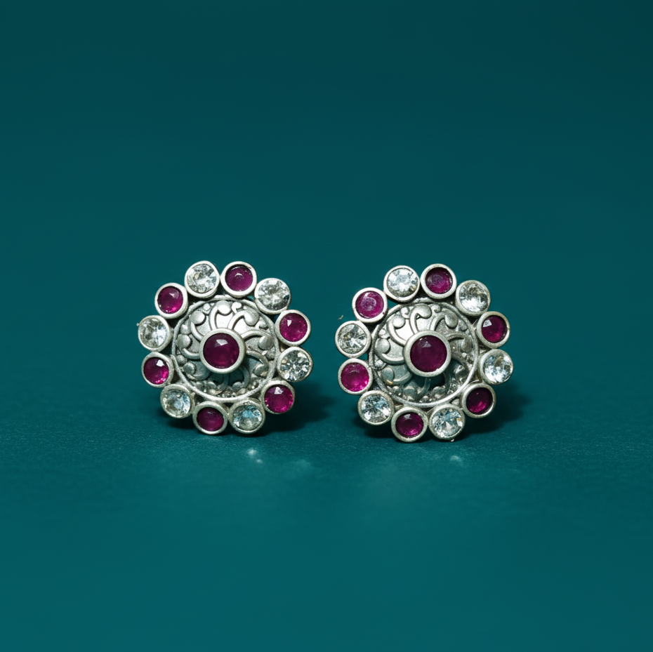 Pair of White & Pink Oxidized silver Kundan stud earrings