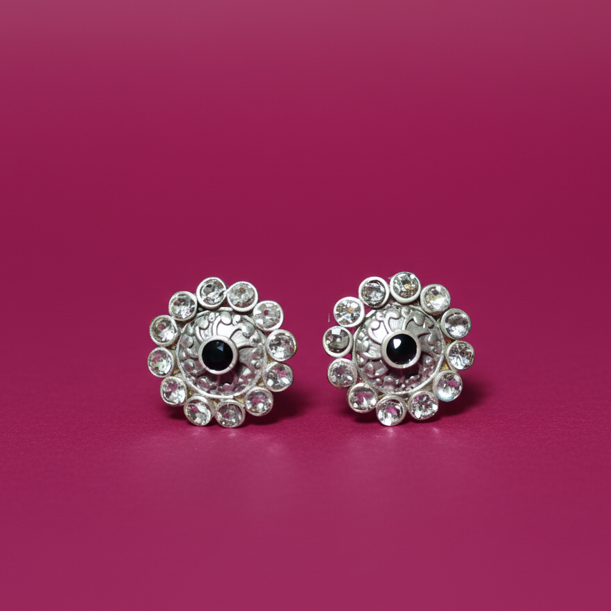 Oxidized Silver Kundan Stud Earrings | Daily Wear, OS00022