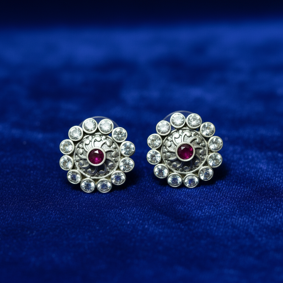 Pair of White & Pink Oxidized silver Kundan stud earrings