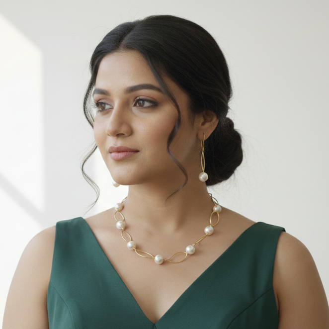 Woman wearing a green dress with a Elegant Contemporary Pearl Necklace set with matching earrings.