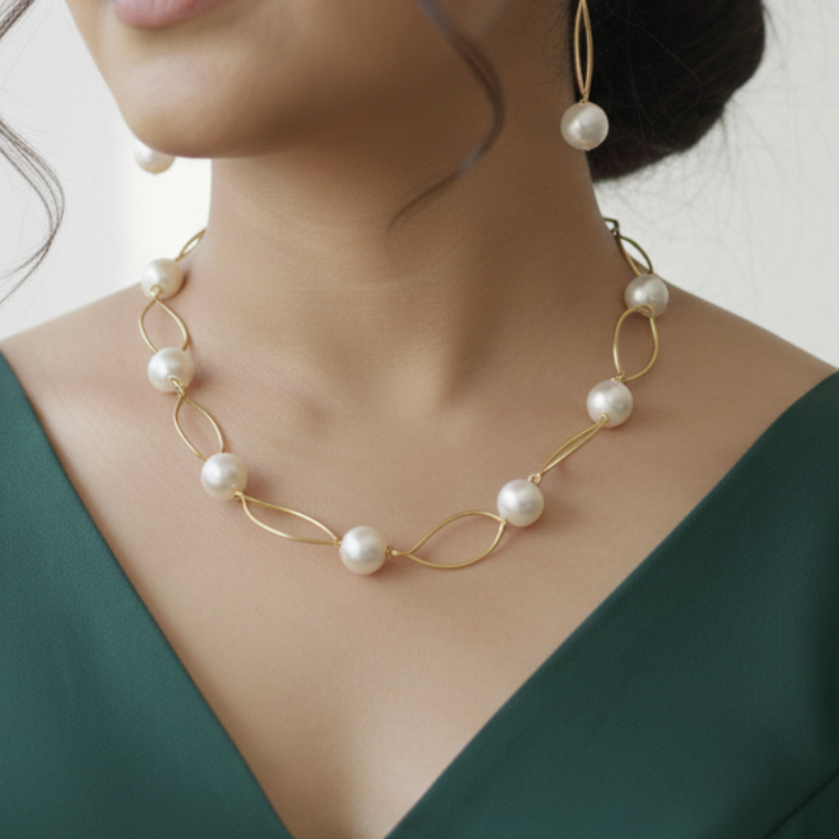 A model wearing Elegant Contemporary Pearl Necklace set with matching earrings, perfect for office and festive wear.