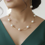 A model wearing Elegant Contemporary Pearl Necklace set with matching earrings, perfect for office and festive wear.