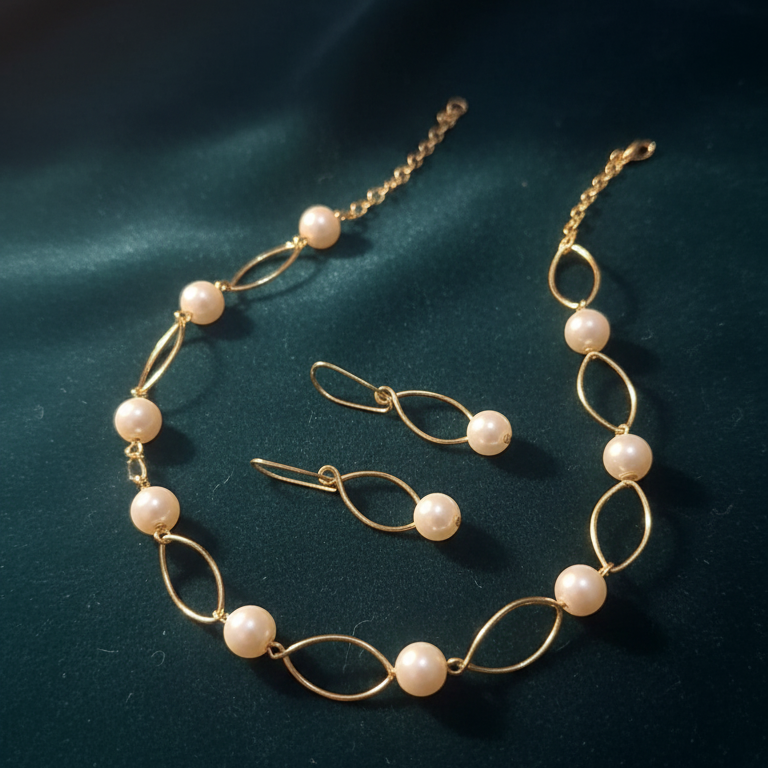 Gold necklace with pearls with dangle earrings on a dark blue fabric background