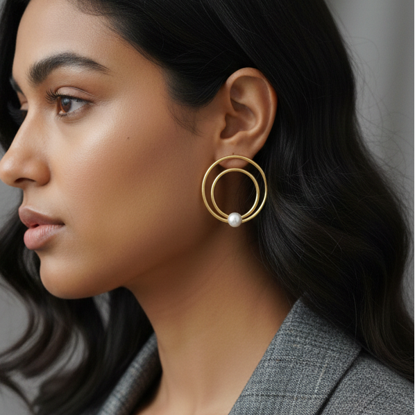Woman wearing a contemporary gold petal hoop earrings