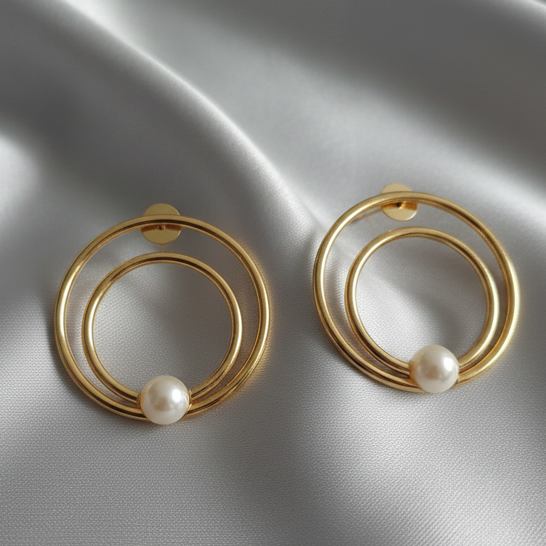 Close-up of contemporary gold petal hoop earrings