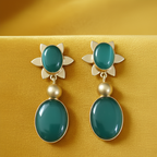 Elegant silver-tone Drop & Dangle Stone Earrings with Green stones, perfect for office or party wear.