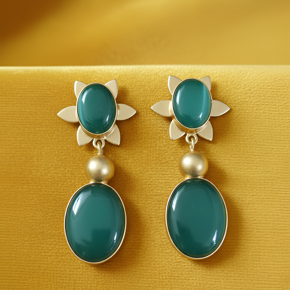Elegant silver-tone Drop & Dangle Stone Earrings with Green stones, perfect for office or party wear.