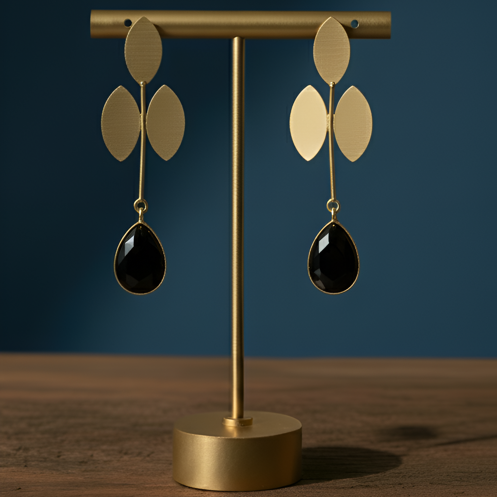 Exquisite floral gold black stone earrings for western dress, perfect for office and parties.