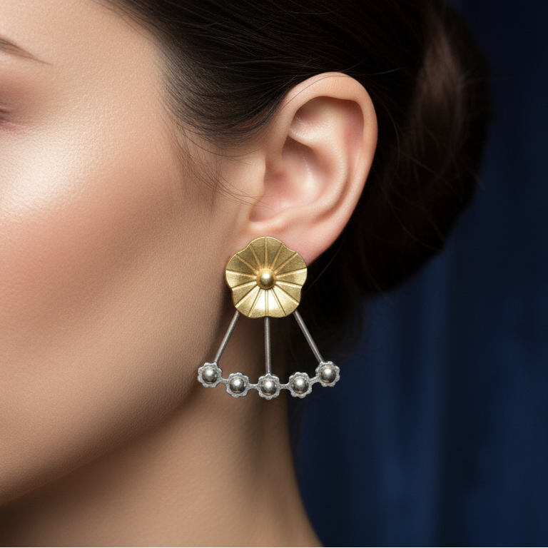 Elegant dual polish floral design  worn by a model against a dark background