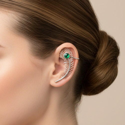 Woman wearing a  peacock earcuff showcasing intricate details and shimmering stones.