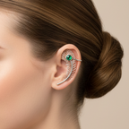 Woman wearing a  peacock earcuff showcasing intricate details and shimmering stones.